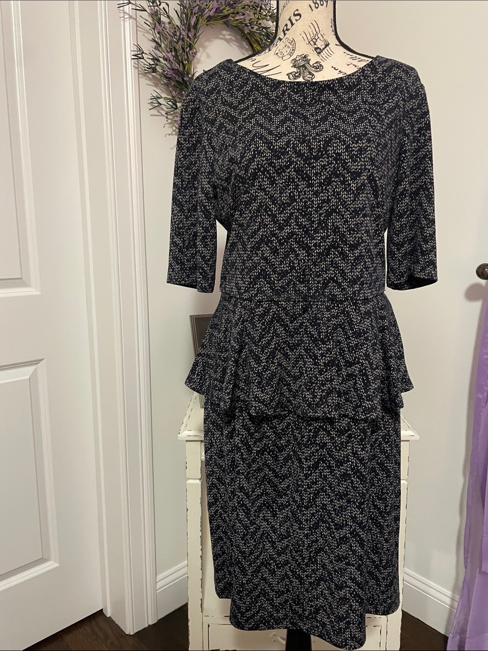 Navy & Cream Chevron Peplum Midi Dress